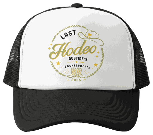 A black and white trucker cap with a round printed design across the front panel